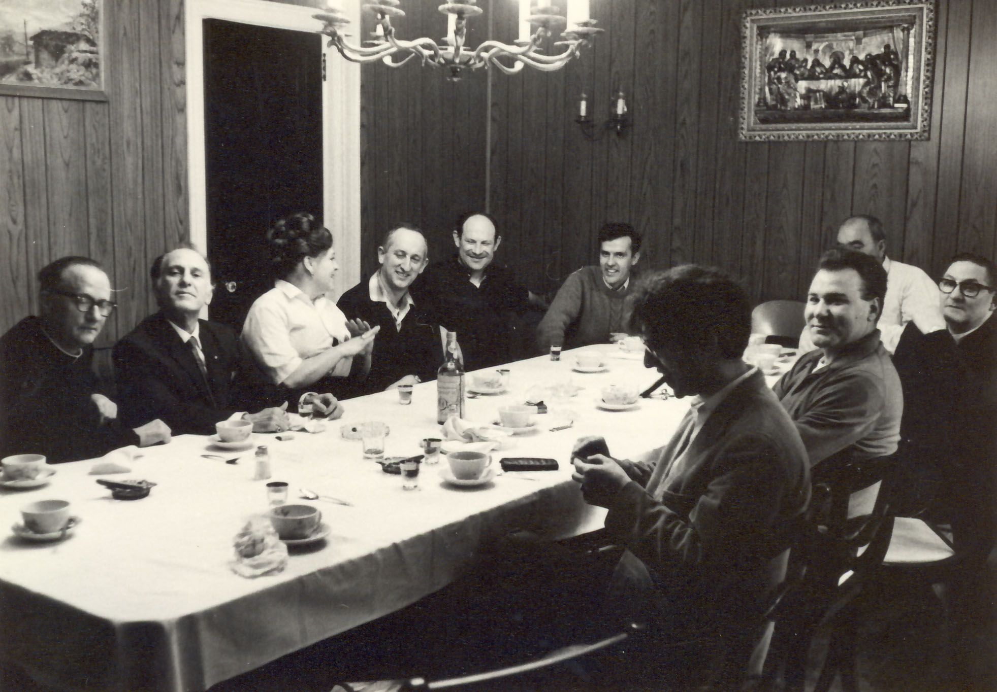 Dinner party with composer Francisco de Madina (far left)