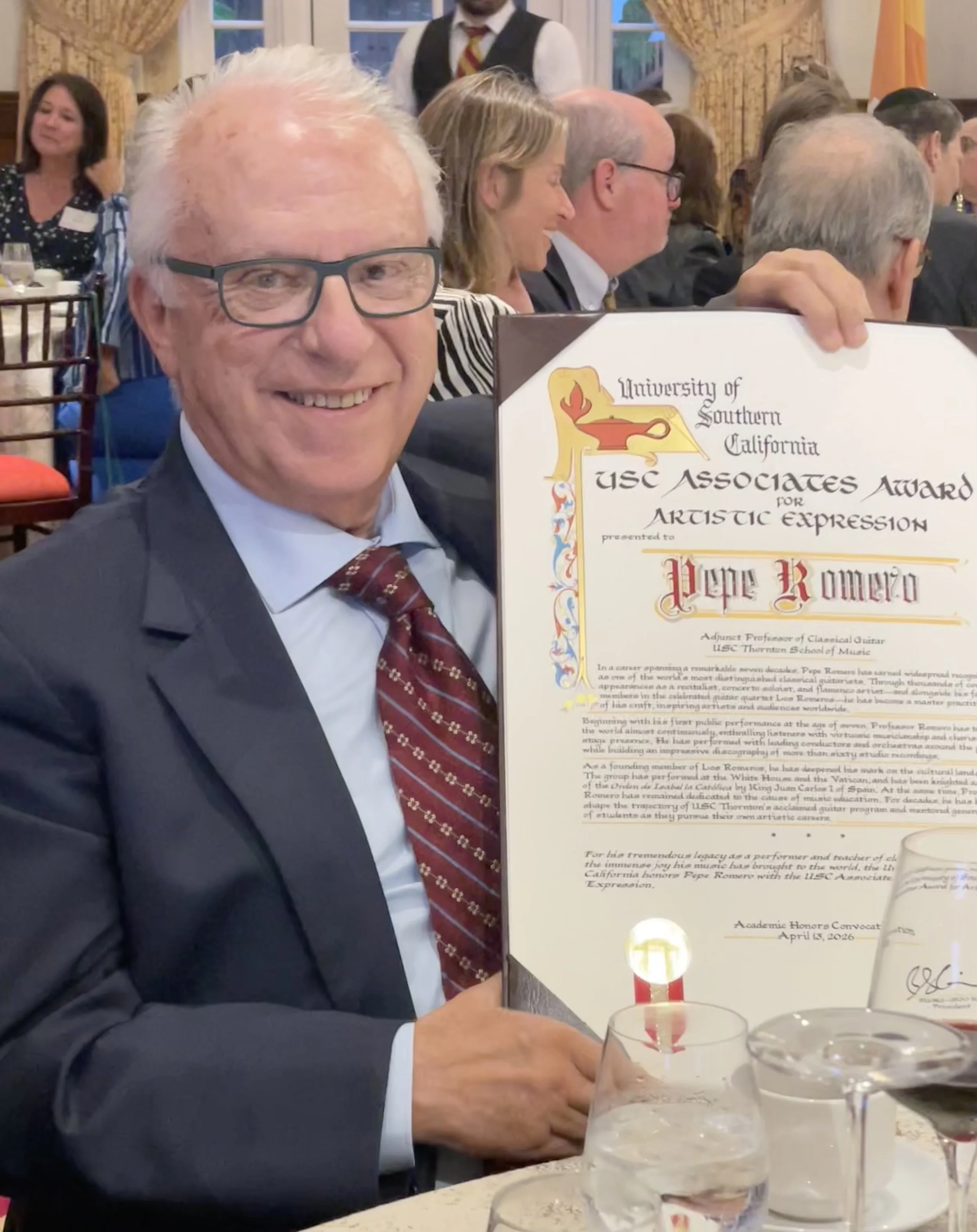 Pepe Romero displays his USC Associates Award for Artistic Expression (2026)