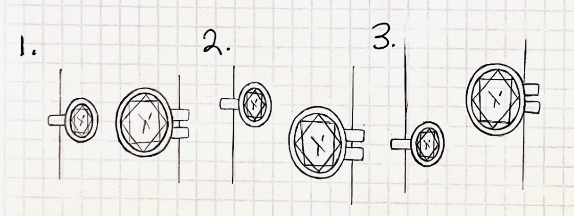 Sketch of five different ring designs with gemstones, arranged from smallest to largest, on graph paper.