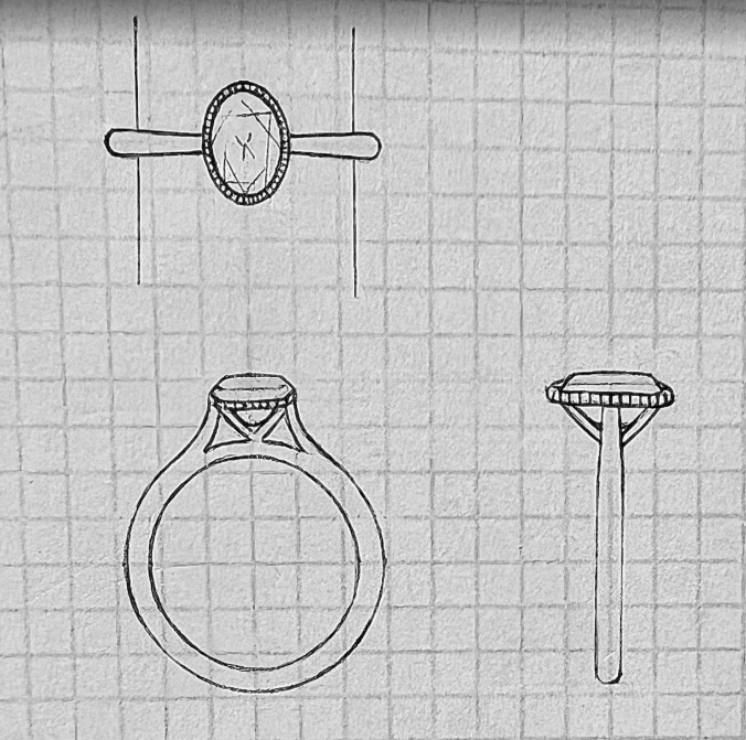Sketch of a wristwatch, a ring with a gemstone, and a ring sizer on graph paper.