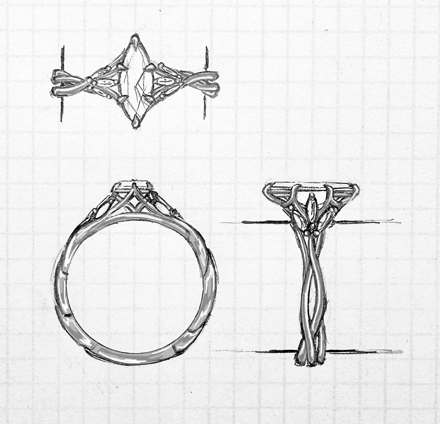 MARQUISE ARE MAKING A COMEBACK! Check out our Mechanical Rendering for a Custom Engagement Ring - it features a Marquise Diamond, a tiwsted shank design, and little accent stones on either side of the main! We begin all our custom projects with sketc