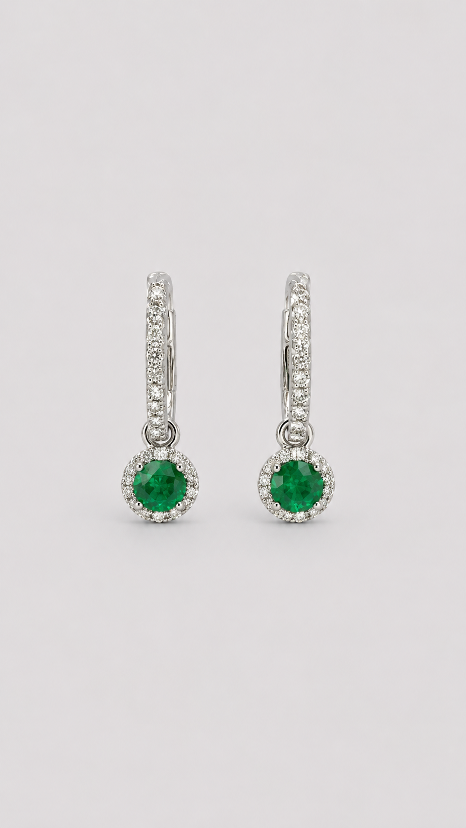 Emerald and Diamond Halo Hoop Drop Earrings