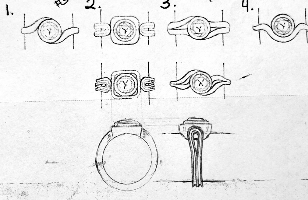 Sketch of various watch and ring designs, including different styles of rings and watches viewed from top and side perspectives.