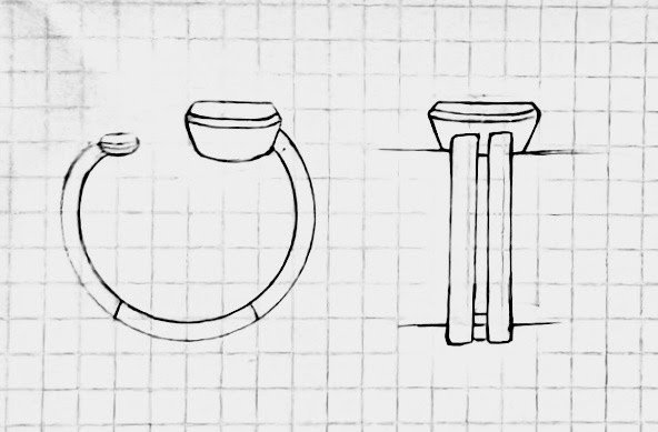 Drawing of a ring with a small container or lid on top, illustrated from multiple angles on grid paper.