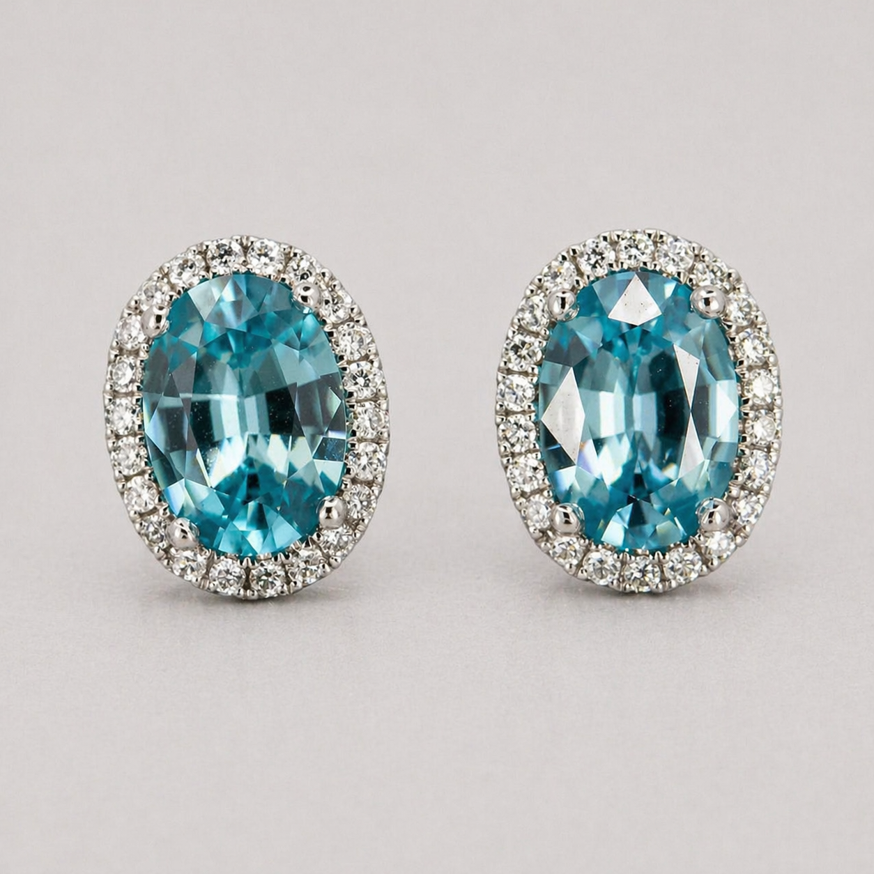 Blue Zircon and Diamond Halo Stud Earrings