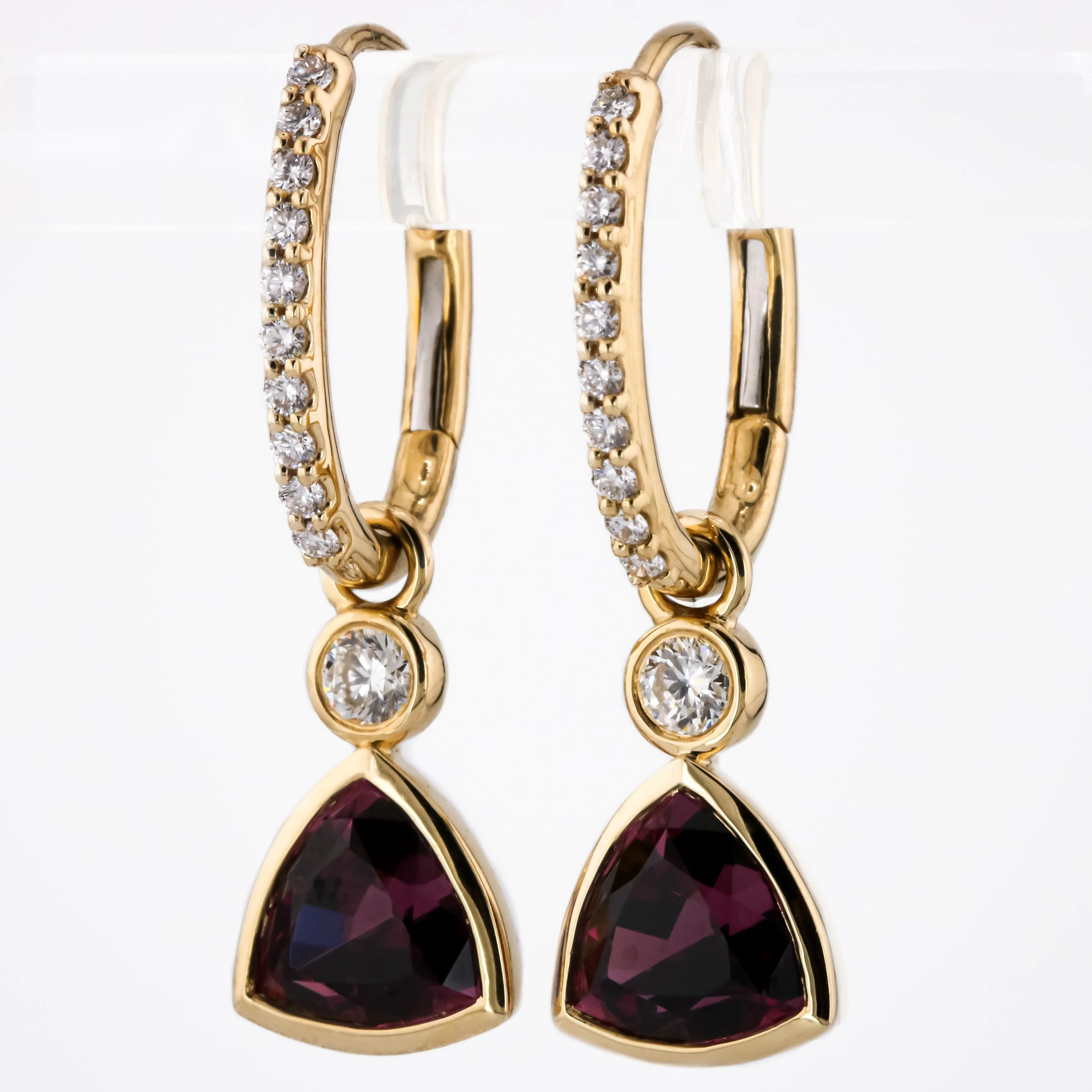 Rhodolite Garnet Diamond Dangle Hoops