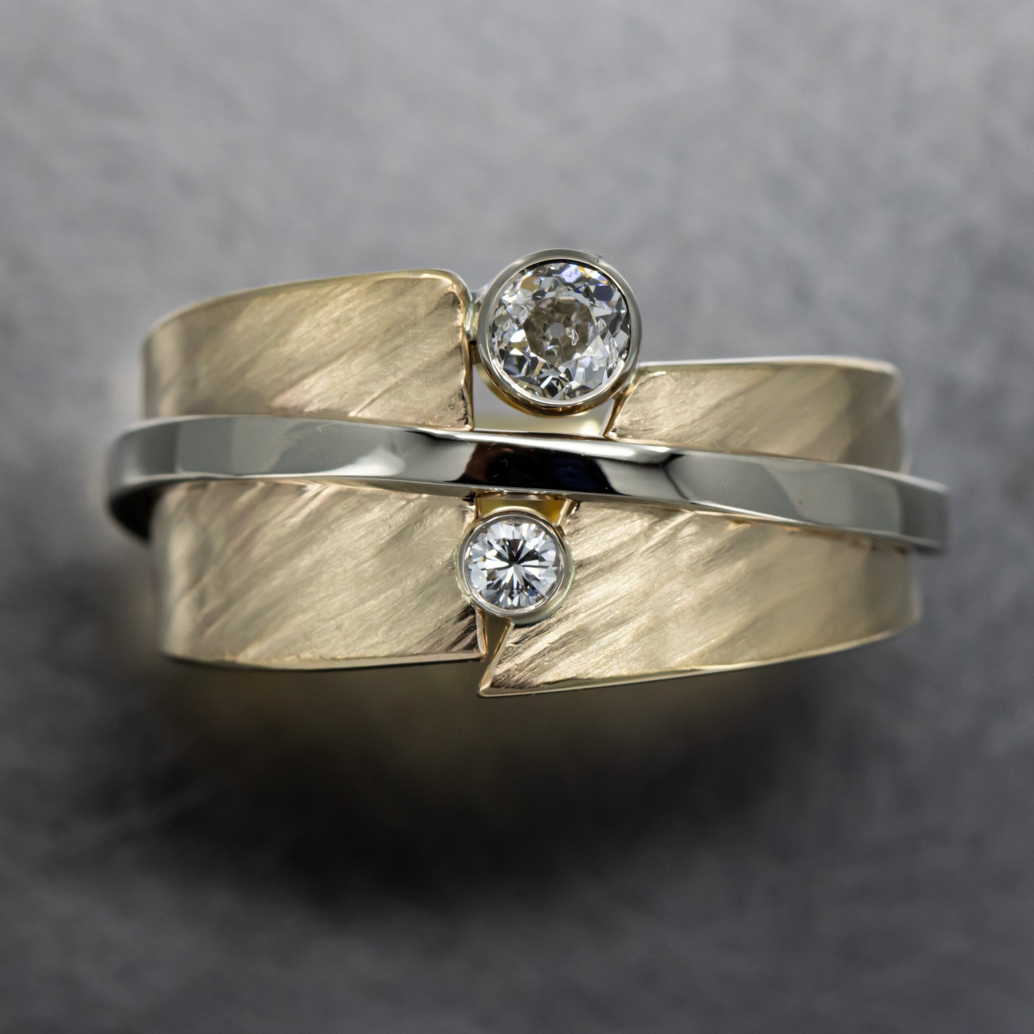 14K-gold-white-ring-asymmetrical-contemporary-line-texture-diamonds-bezel-overlapping-top-view.jpg