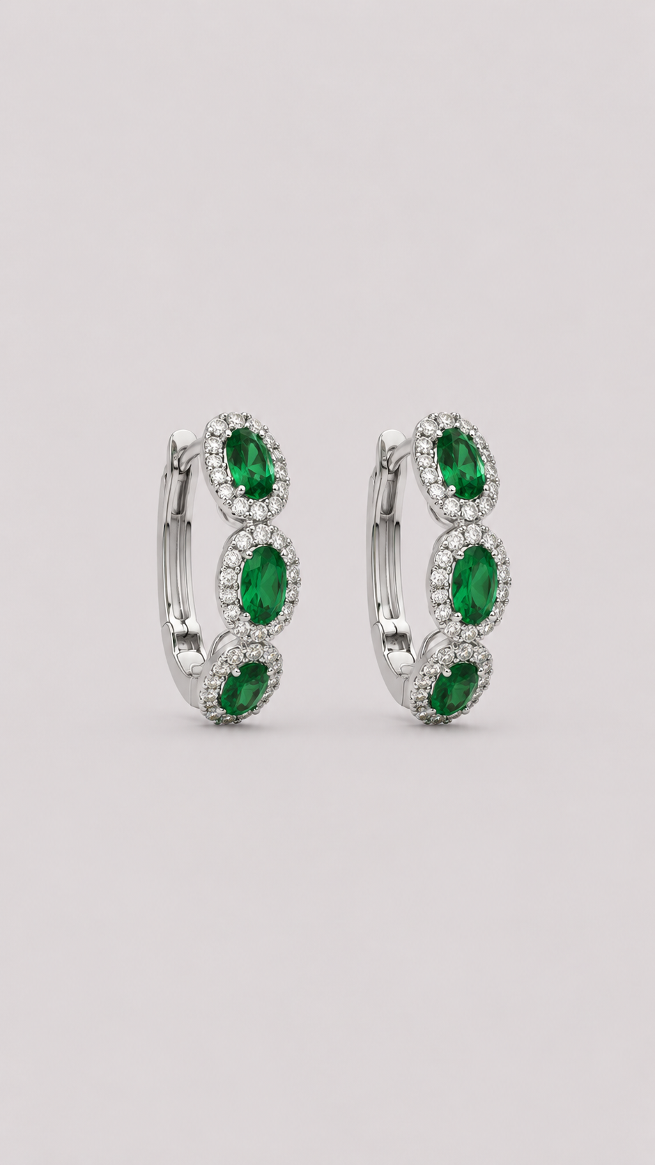 Emerald and Diamond Oval-Cut Hoops