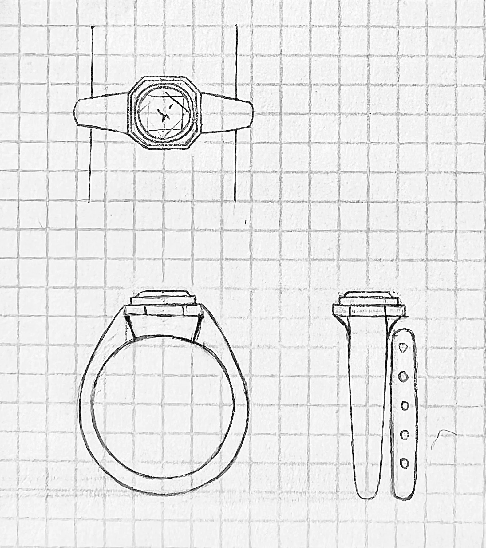 A hand-drawn sketch of a wristwatch, a straight razor, and a straight razor stand on grid paper.