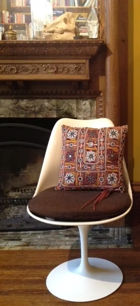 14" x 14" found fabric leather backed pillow with fringe(one side)