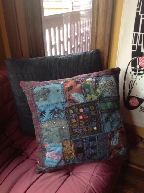 24" x 24" pillows--multi-color with mirrors(found fabric), black is cotton and linen patchwork