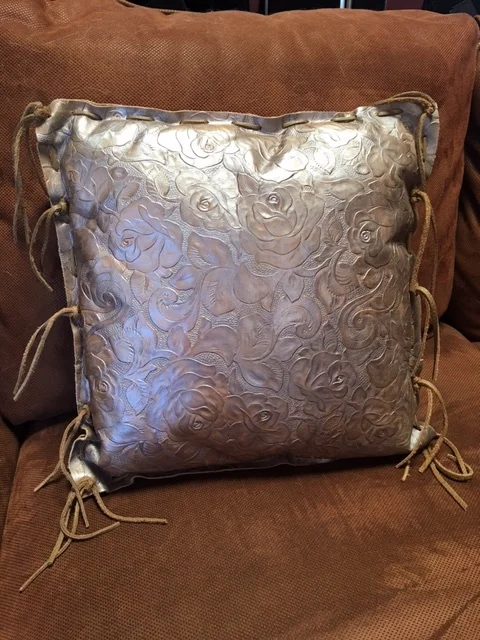 16" x 16" metallic leather pillow with fringe