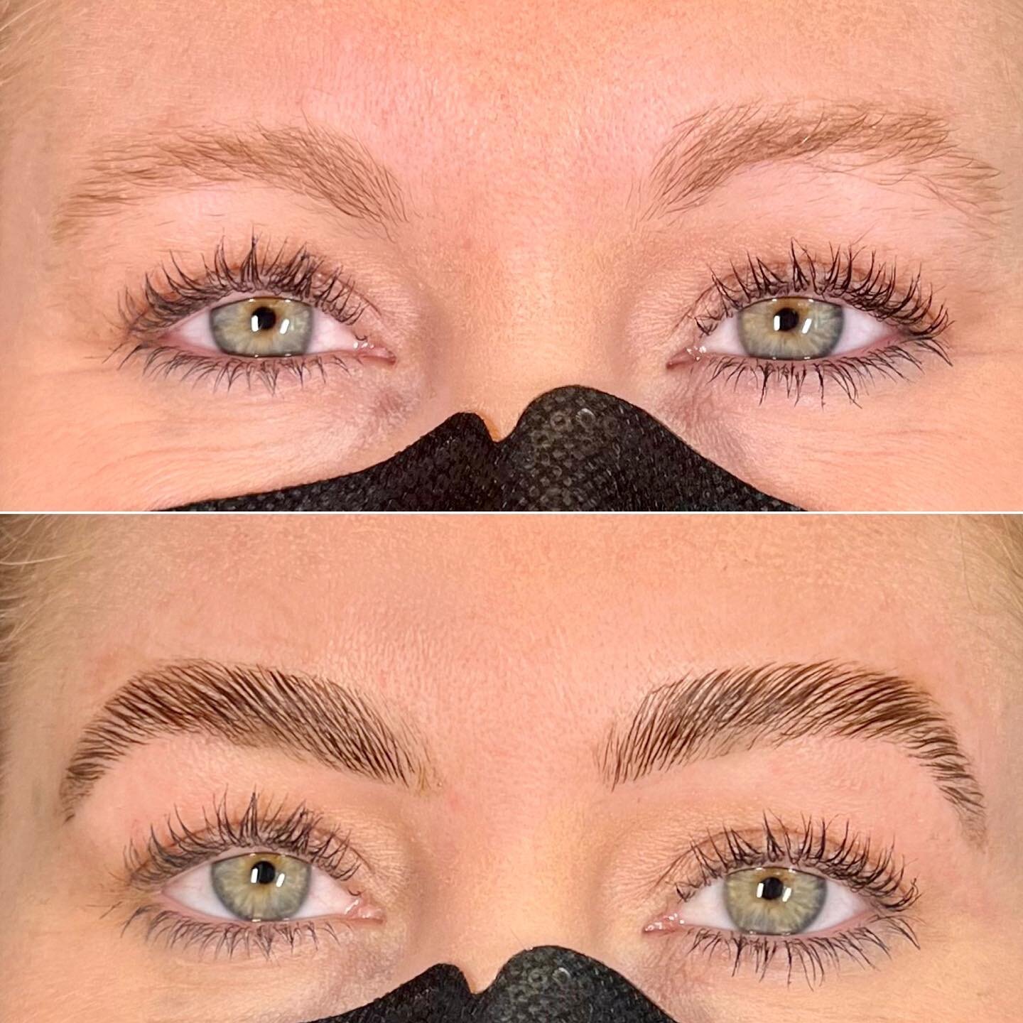 🤨Asymmetry - SOLVED✔️ Can you see in the before that one of her brows was literally higher on her face than the other?  While we can&rsquo;t actually move the brows on the face, with lamination, shape, and tint, we can manipulate the hair in ways to