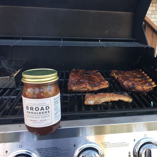 Grill Shot Fridays: sent in by a loyal Broad Shoulders user, some slow grilled ribs with a smoke box on the side and, of course, a healthy lather of Broad Shoulders BBQ! Thanks for sharing Brian, grill on!!