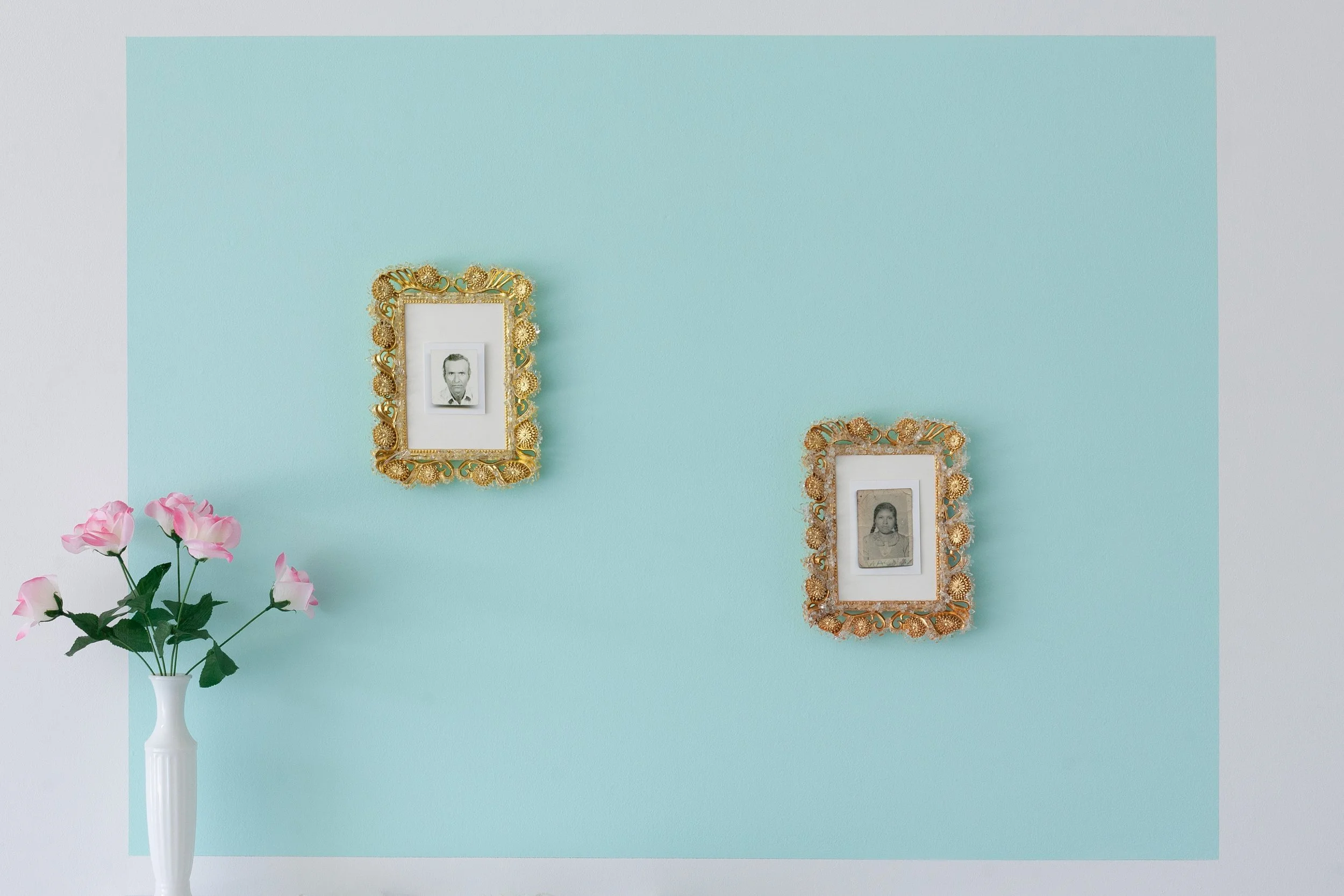   para no desaparecer: doble filo I y II (not to disappear: double edge I and II)   2022  found frames, found glass shards, archival inkjet print  10 x 8.5 x 1.5 inches each. 