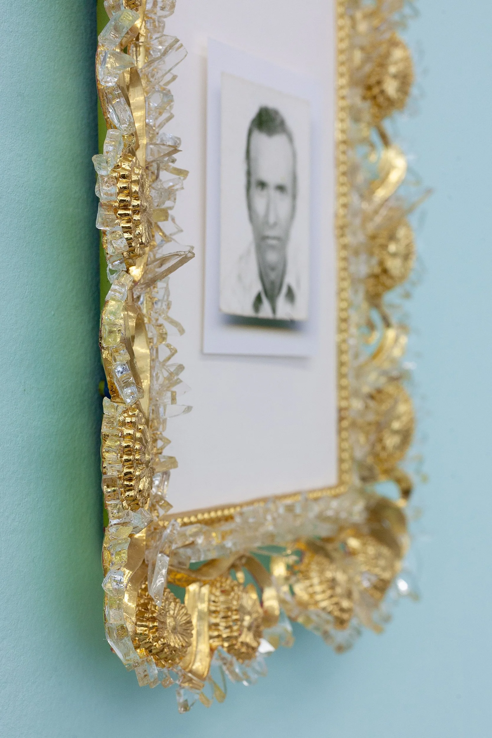   para no desaparecer: doble filo II (not to disappear: double edge II) (detail)    2022   found frames, found glass shards, archival inkjet print  10 x 8.5 x 1.5 inches each.&nbsp; 