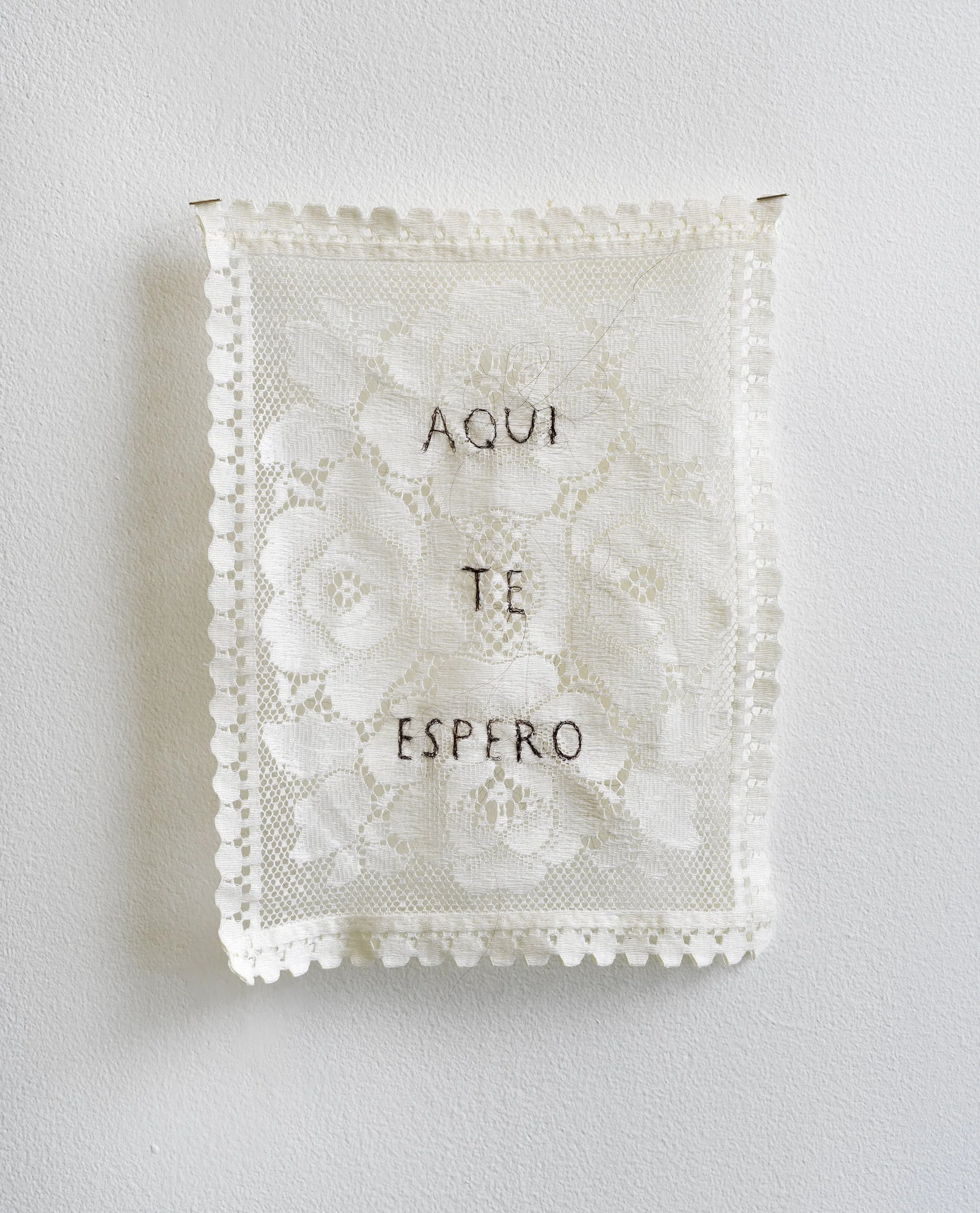  aquí te espero (here I wait for you)  2022  the artist’s hair embroidered on found lace  10 x 13 inches   ***read the accompanying text    HERE   