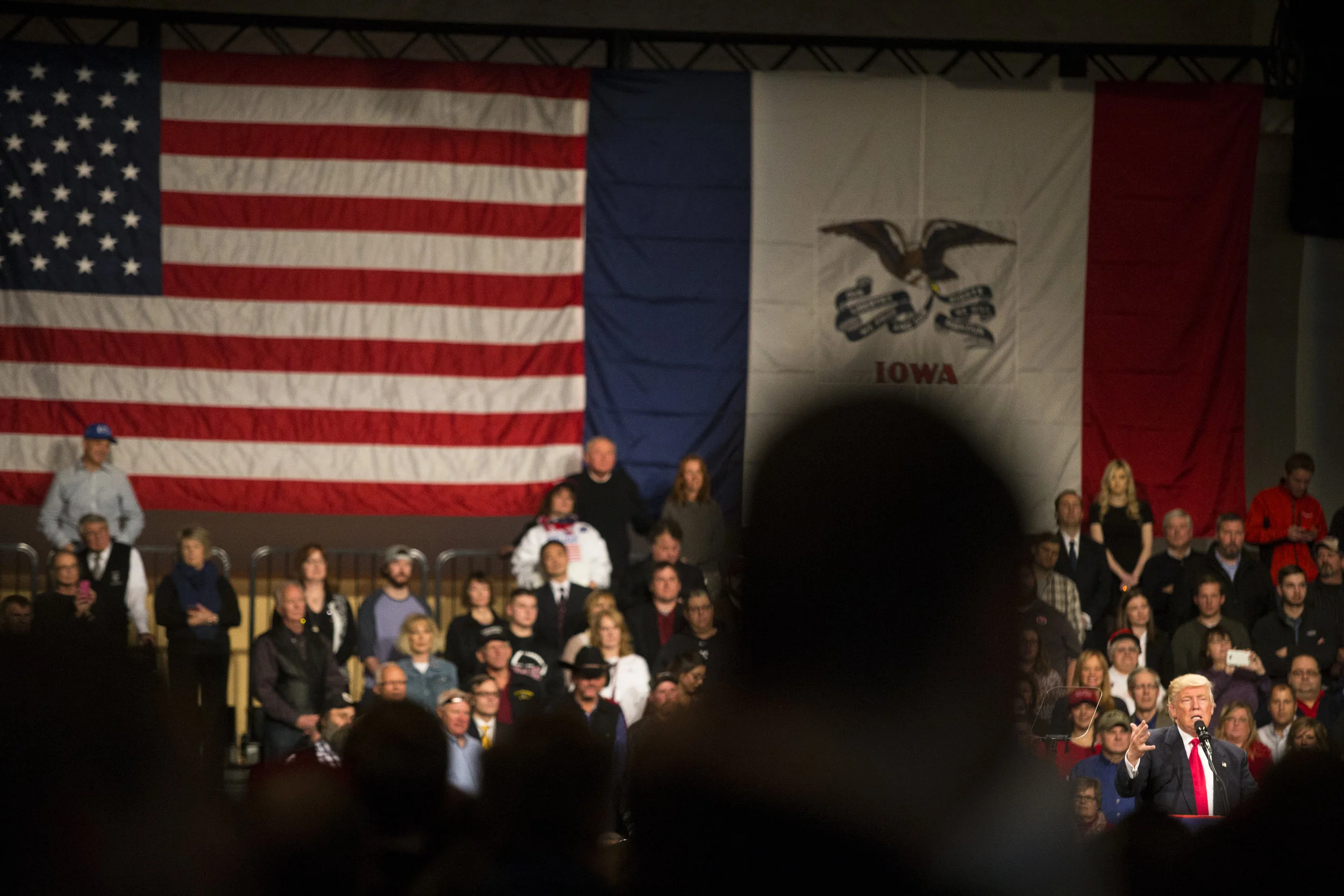  President-Elect Donald J. Trump gestures while speaking during a "thank you" tour with Vice President-Elect Mike Pence, Thursday, Dec. 8, 2016, in Des Moines, Iowa.  