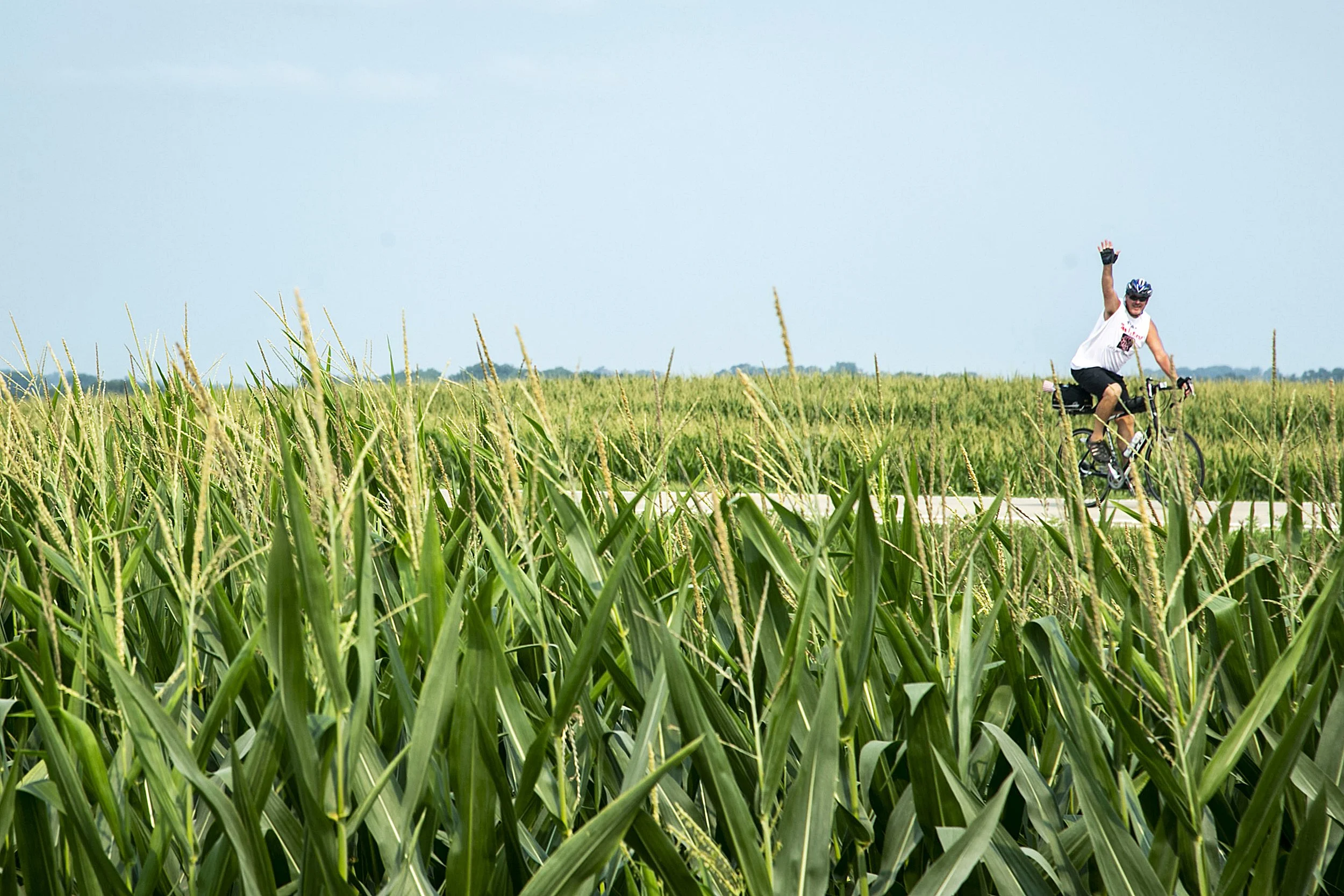  A cyclist waves as they ride past corn fields on Day 5 during RAGBRAI, Thursday, July 29, 2021, near Rowley, Iowa. RAGBRAI is the Register’s Annual Great Bicycle Ride Across Iowa. It goes from the Missouri River on the western border of Iowa to the 