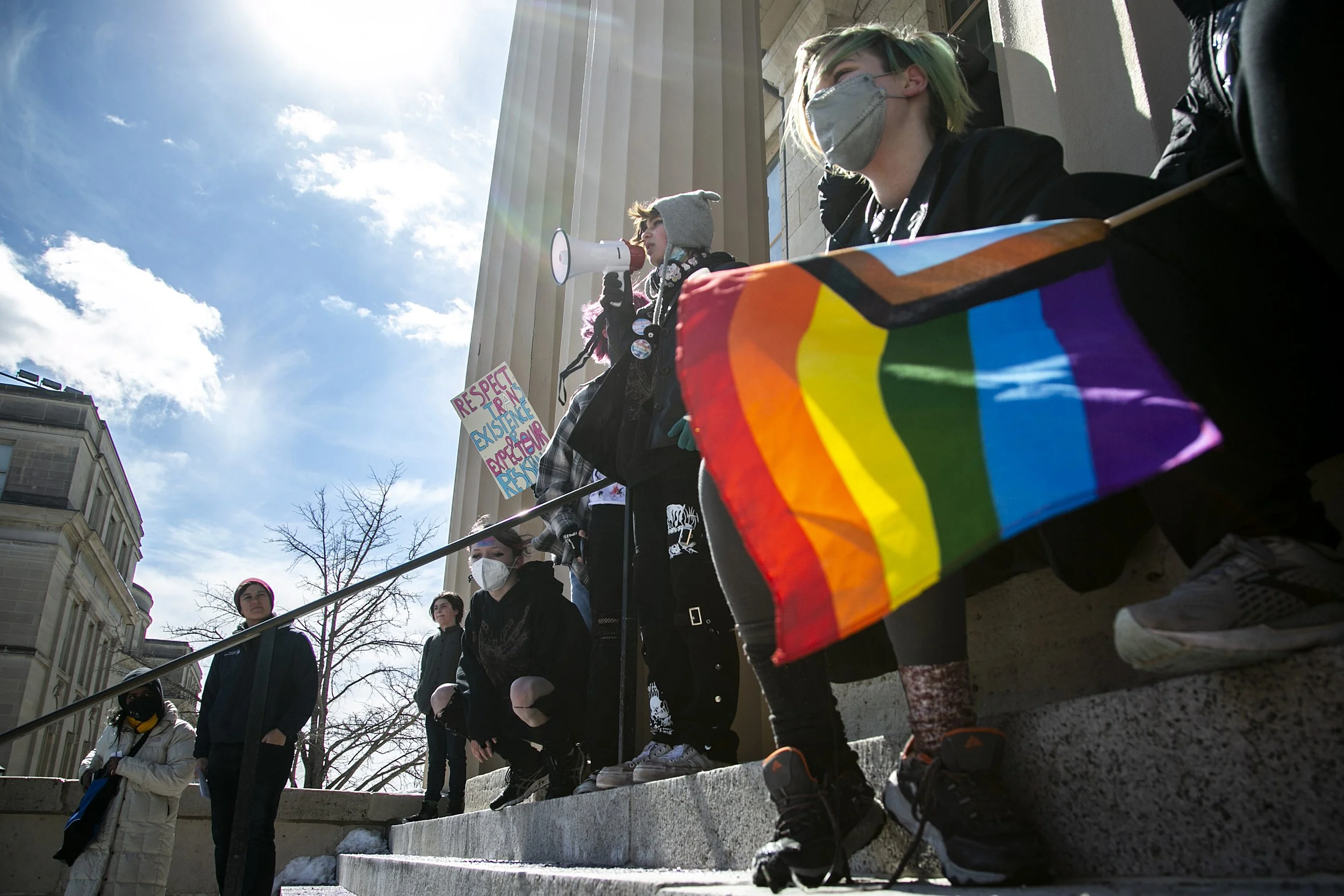  Students from South East Junior High and City High speak on the steps of the Old Capitol Building during a protest against House File 2416, a bill signed by Gov. Kim Reynolds which immediately prohibited transgender women and girls from competing in