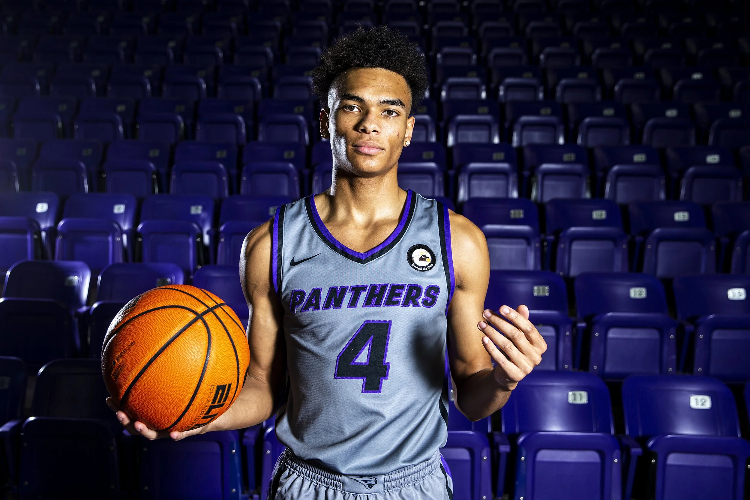  Northern Iowa guard Trey Campbell (4) poses for a photo during Panthers men's basketball media day, Monday, Oct. 17, 2022, at the McLeod Center in Cedar Falls, Iowa. 