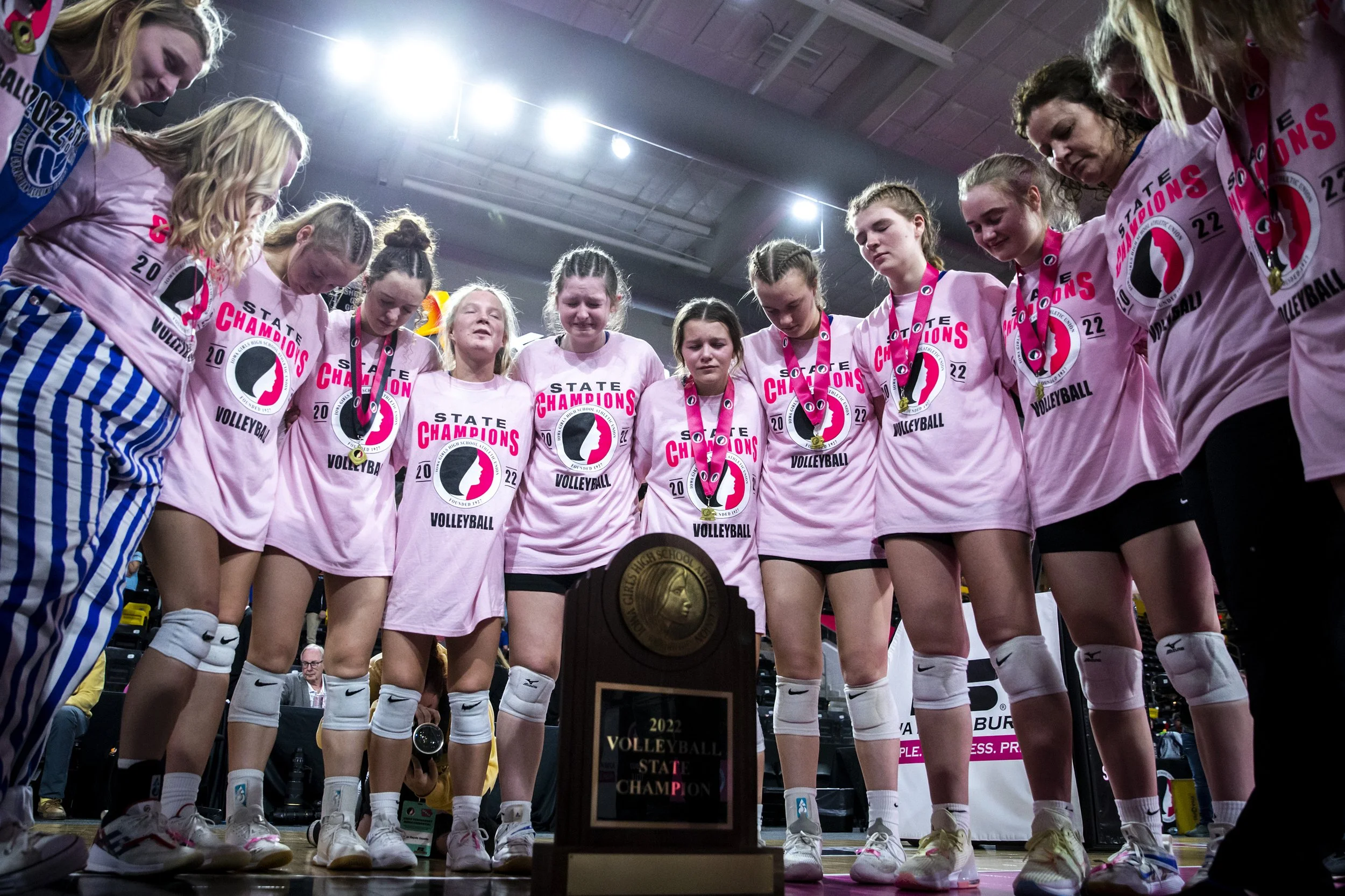  Ankeny Christian head coach Michele Quick huddles up with players as they pray after a Class 1A state volleyball championship match against Gladbrook-Reinbeck, Thursday, Nov. 3, 2022, at Xtream Arena in Coralville, Iowa. 