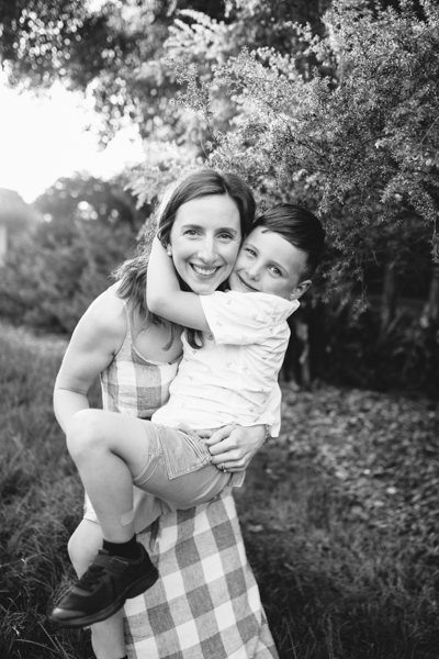 Balwyn family photographer natural backlight mother son sunset