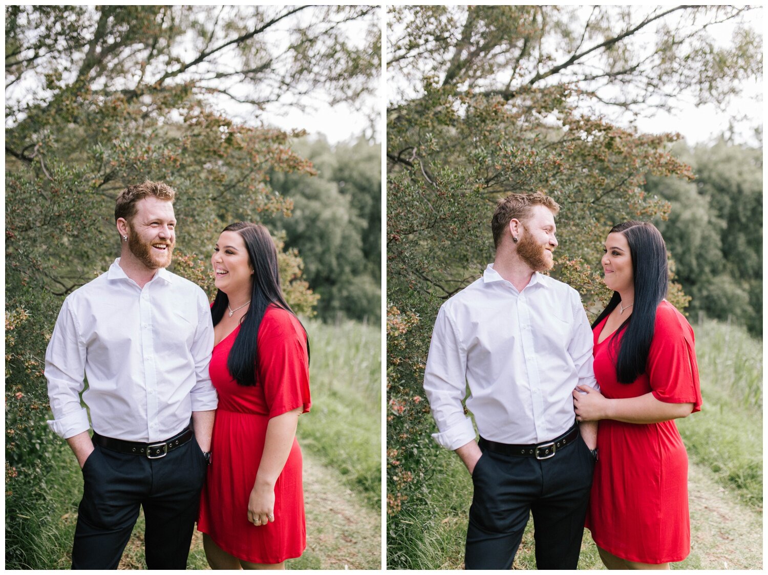 Melbourne Couple's photographer. Coburg Lake. Engagement Photography. Red dress. Natural light. Love. Candid. 