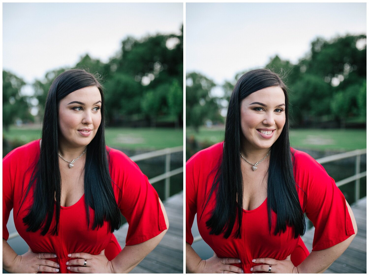 Croydon engagement photographer. Portrait photographer. Coburg Lake. Red dress. Natural light. Love. Candid. Red head. Melbourne makeup artist.