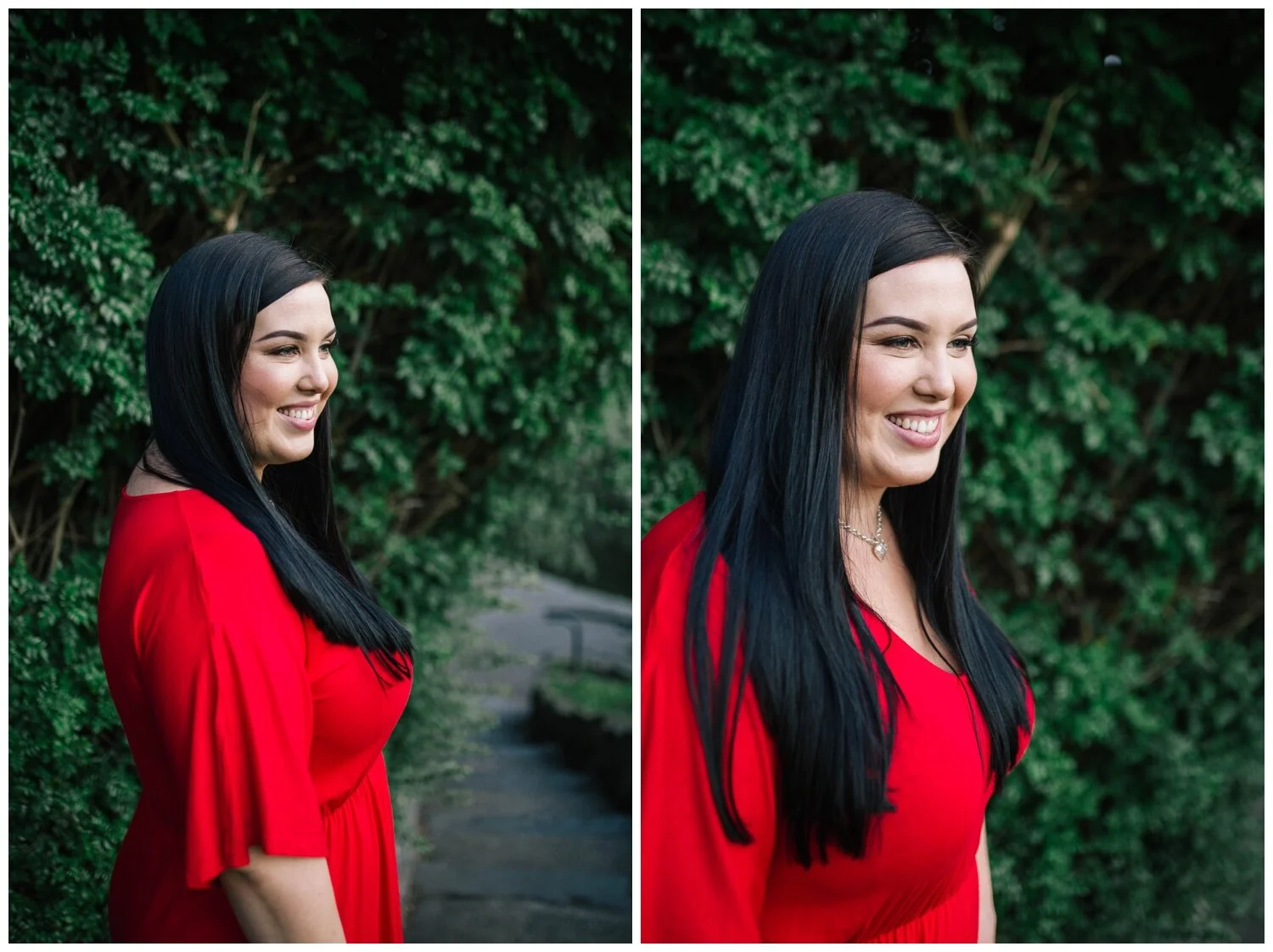 Greensborough engagement photographer. Portrait photographer. Coburg Lake. Red dress. Natural light. Love. Candid. Red head. Melbourne makeup artist.