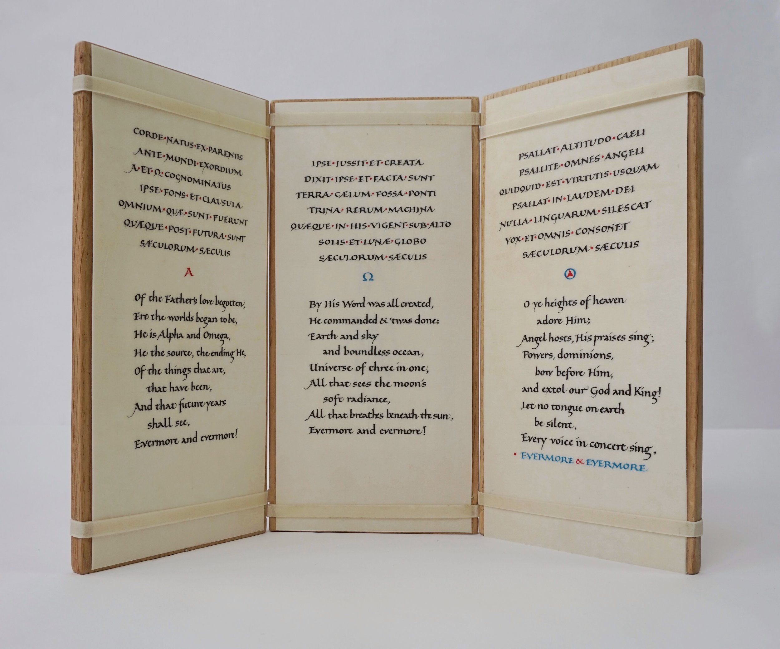 Interchangeable vellum text pages slipped behind the vellum strips.