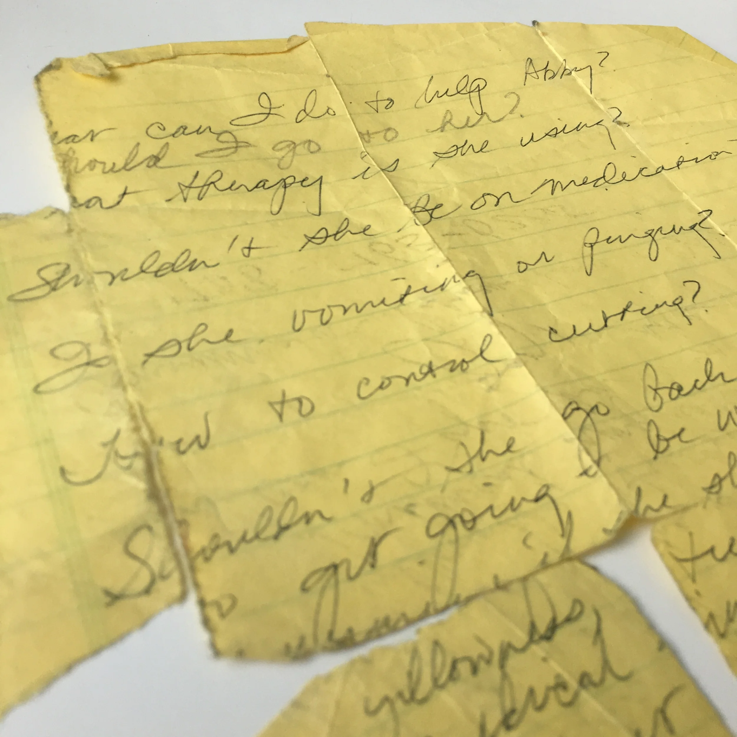 MOM'S LETTER. I showed my mom the angry scabs from where I’d cut myself. She crumpled as if I’d cut her too. Photo ©1in20 