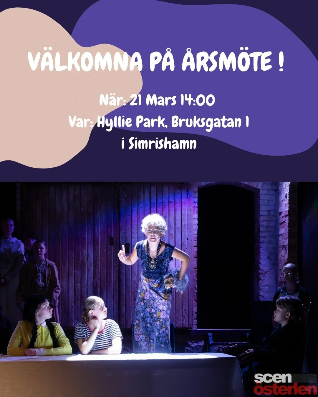 L&ouml;rdagen den 21/3 &auml;r det dags f&ouml;r Scen &Ouml;sterlens &Aring;RSM&Ouml;TE! Alla medlemmar &auml;r v&auml;lkomna (&auml;ven ni som inte har hunnit f&aring; medlemsfakturan &auml;nnu f&aring;r g&auml;rna komma!)

Vi ses p&aring; Hyllie Pa