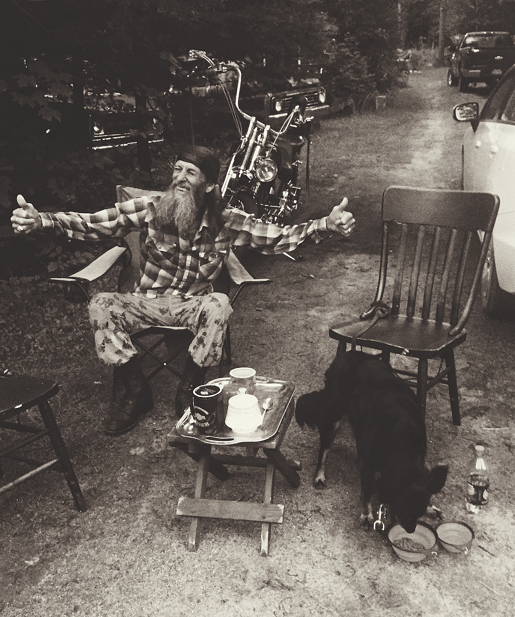  "Slim" sits in his driveway off of Fayetteville Road in Malone, N.Y. with Chelsia's dog Otto on the day Richard Matt was shot and killed. &nbsp; (Chelsia Rose Marcius/June 26, 2015)&nbsp;  