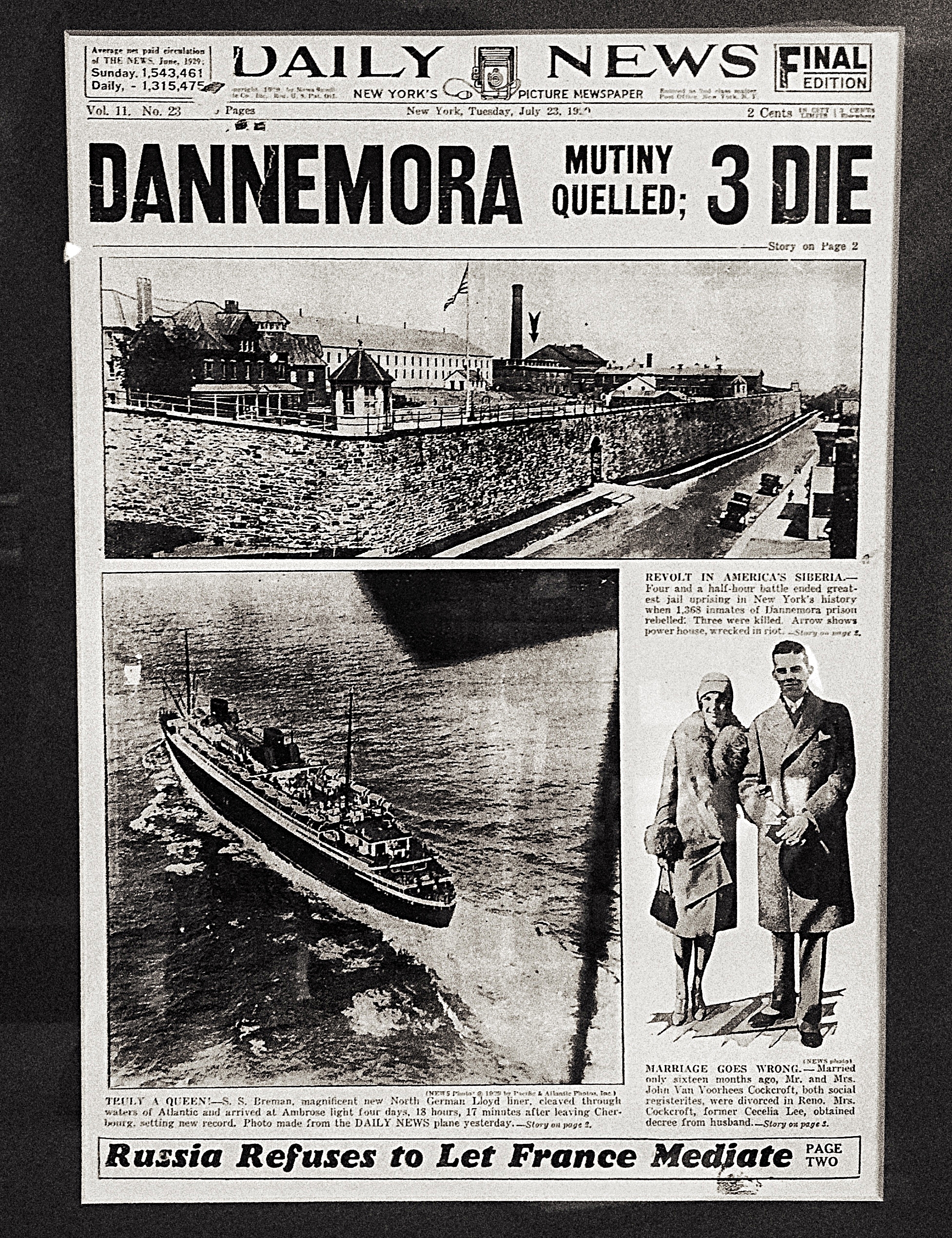  The front page of the New York Daily News July 23, 1929, that reported of a prisoner mutiny in Dannemora. Image courtesy of historian Walter "Pete" Light for the Museum at the Dannemora Free Library.&nbsp; (Chelsia Rose Marcius/June 17, 2015)&nbsp; 