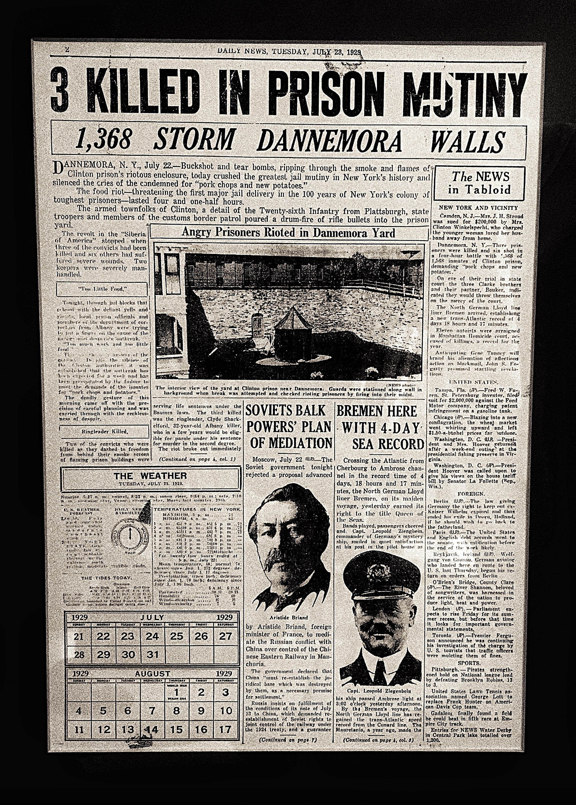  Page from the New York Daily News July 23, 1929, which reported on a prisoner mutiny in Dannemora. Image courtesy of historian Walter "Pete" Light for the Museum at the Dannemora Free Library.&nbsp; (Chelsia Rose Marcius/June 17, 2015)&nbsp;  