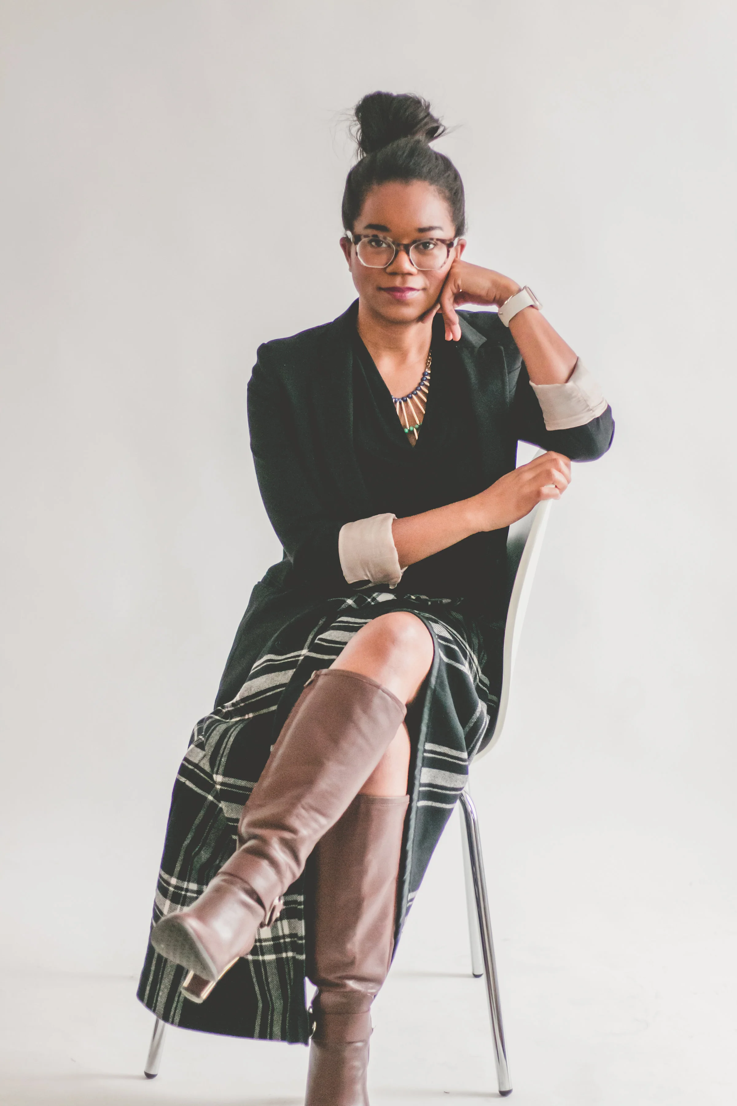 BLAZER: Thrifted H&M ( similar here ) / TANK: TJ Maxx Find ( similar here ) / NECKLACE: Gifted / BOOTS: Antonio Melani (old, similar here )