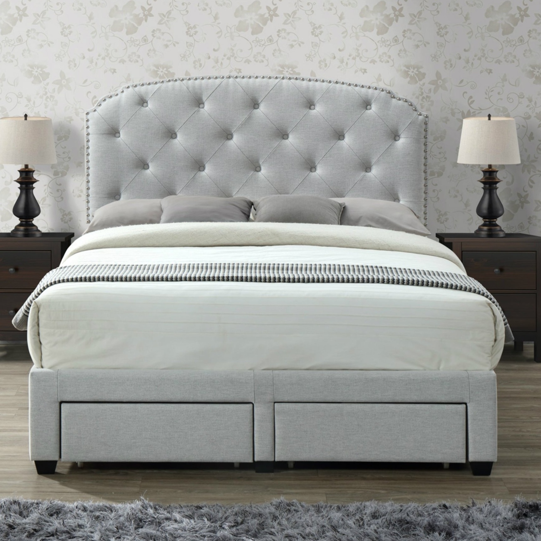  grey tufted queen bed with storage 