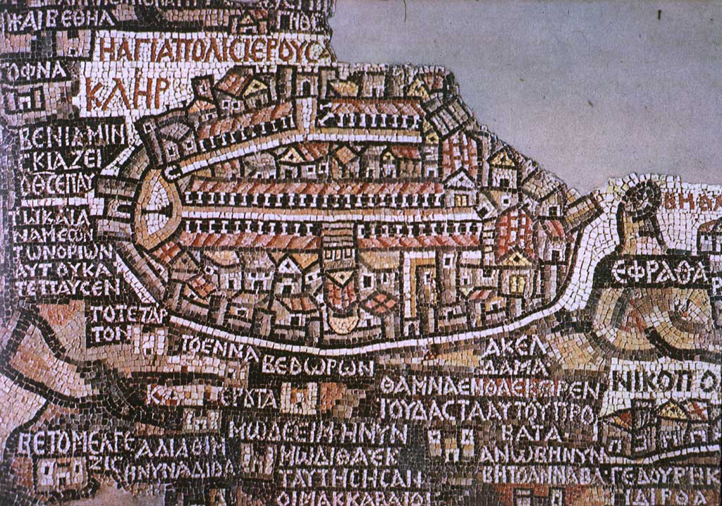 The mosaic map of Jerusalem in the 6th century found in a church in Madaba, Jordan. [Photo:&nbsp;Public domain via Wikimedia Commons]