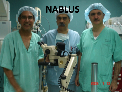With Dr Abdelfattah Arafat,&nbsp;Dr Charlie Kanawati and a new operating microscope in Nablus.