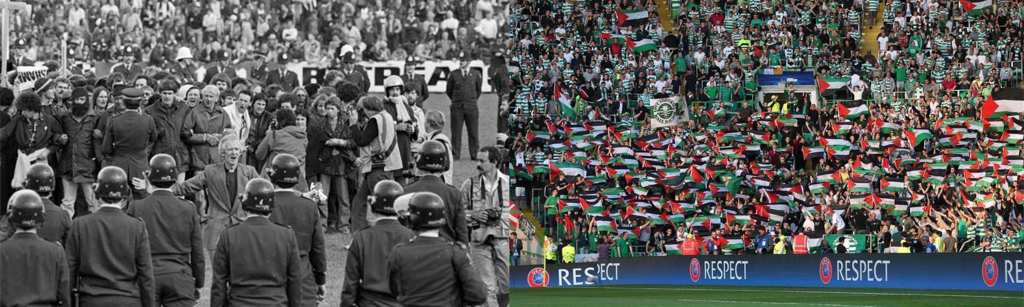 On left: Anti-apartheid activists protest South Africa's Springboks team tour in New Zealand, 1981 (Phil Reid). On right: Scottish fans wave Palestinian flags at a match between their hometown Glasgow Celtic and Israeli team Hapoel Be'er-Sheva, 2016…