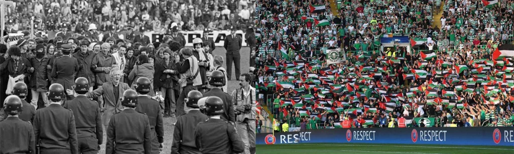 On left: Anti-apartheid activists protest South Africa's Springboks team tour in New Zealand, 1981 (Phil Reid). On right: Scottish fans wave Palestinian flags at a match between their hometown Glasgow Celtic and Israeli team Hapoel Be'er-Sheva, 2016 (Facebook).