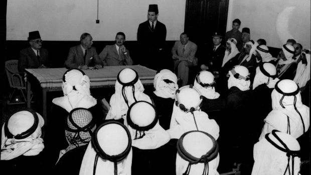 Beersheba, April 1947: the British High Commissioner in Palestine, Sir Alan Cunningham (seated at centre of table), addresses Bedouin elders from Beersheba and Gaza regarding a drought in the area.