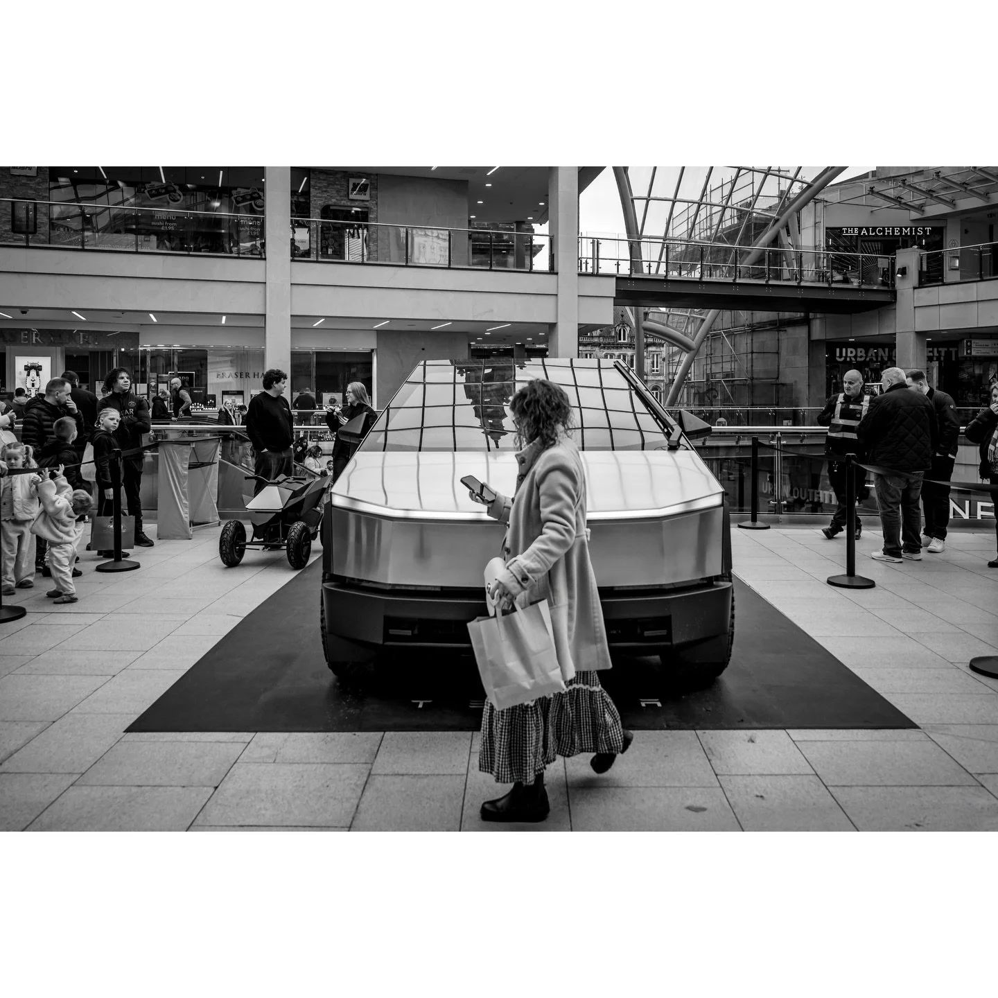 The day the Cybertruck came to town.
On display in Leeds Trinity as a strange curiosity, as they are not officially available for purchase in the UK is it&rsquo;s design doesn&rsquo;t comply with European Union passenger safety regulations. All just 