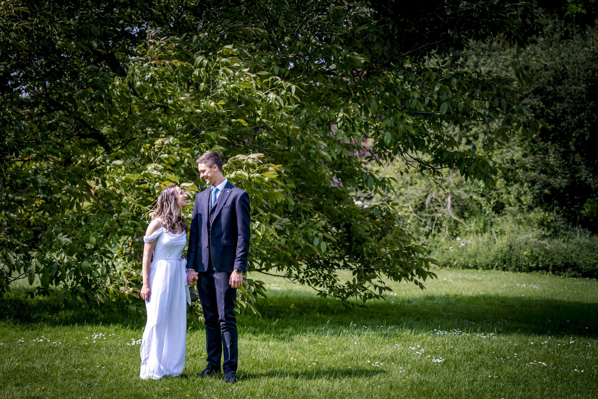A couple dressed in formal attire holding hands stands on grass beneath a large tree in a park.
