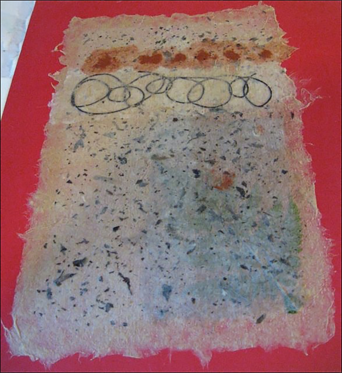  This is Carol's second day of papermaking. She also took the workshop Introduction to papermaking and came back for a second day with Liliana to make more paper. This piece contains a variety of pulps including artemisia and abaca, and some colored 