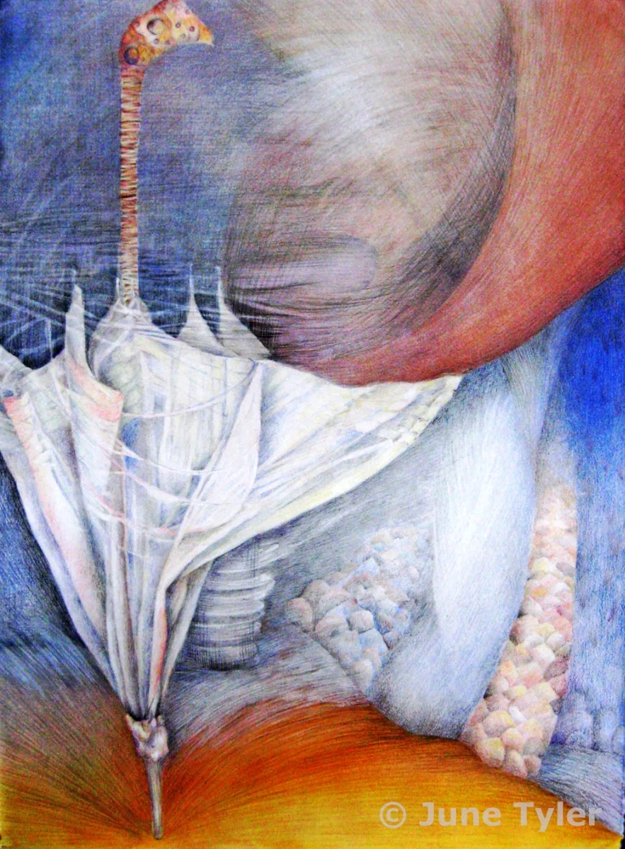 "Premonition" This drawing was inspired by a series of storms and one of my antique umbrellas. 30" x 22" Mixed media drawing: Golden artist colors and mediums, prismacolor and graphite pencils