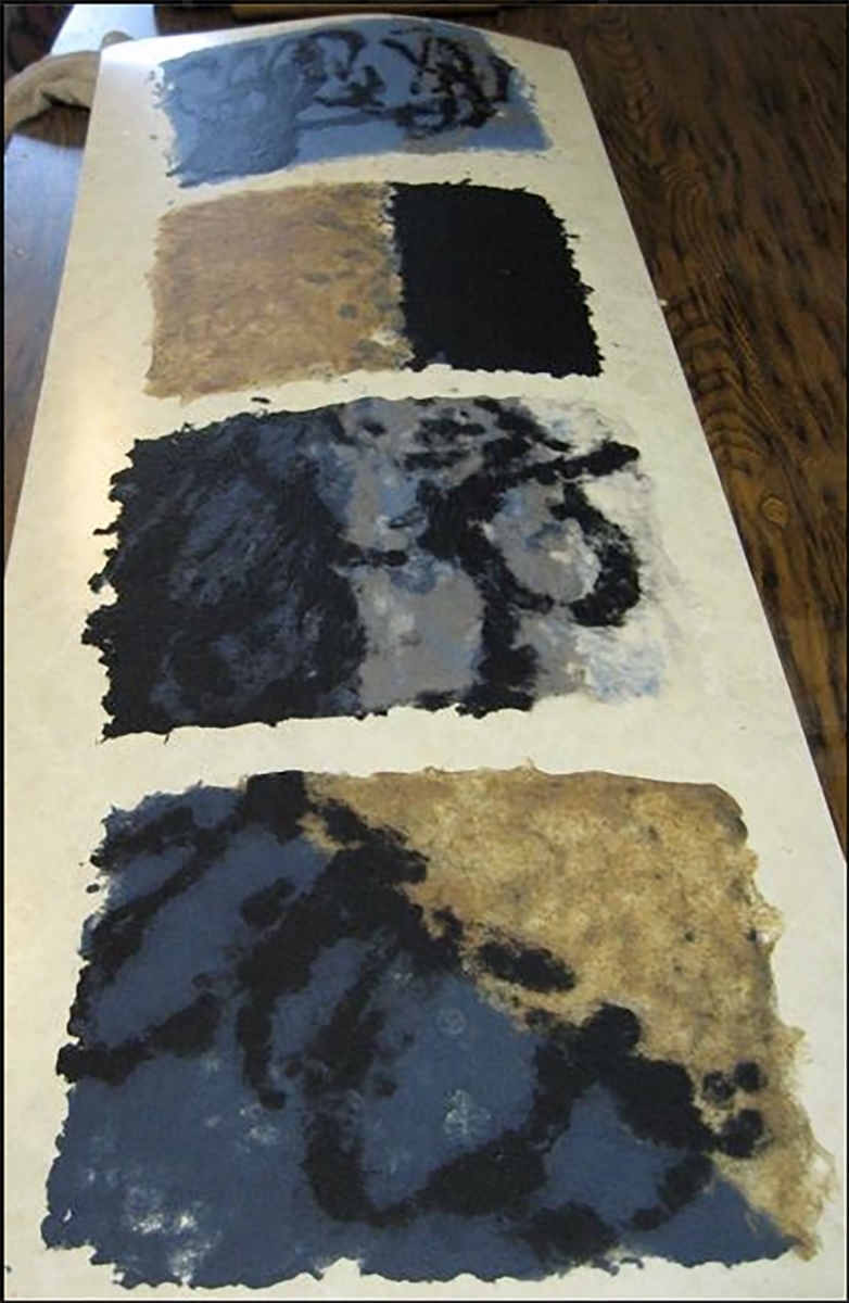  Here are Liliana's handmade papers from her second day of papermaking. She is using a a variety of pulps from the Introduction to papermaking class: blue jean pulp, a variety of plant fiber pulps, abaca and black denim pulp. 