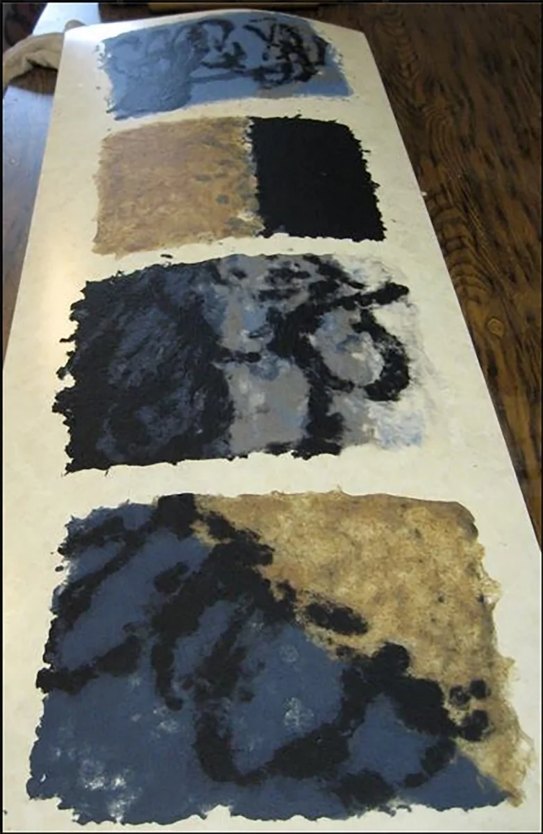 Here are Liliana's handmade papers from her second day of papermaking. She is using a a variety of pulps from the Introduction to papermaking class: blue jean pulp, a variety of plant fiber pulps, abaca and black denim pulp.