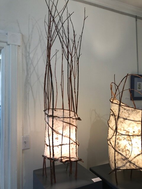 Luminaire with handmade paper from Kozo (mulberry) with willow armature. 